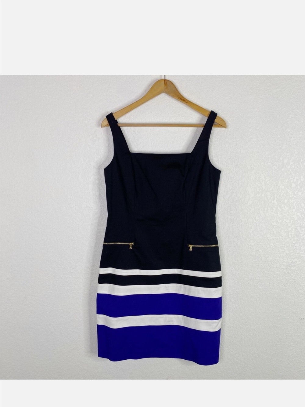 Lauren Ralph Lauren Black, White and Royal Blue Striped Colorblock Sheath Dress